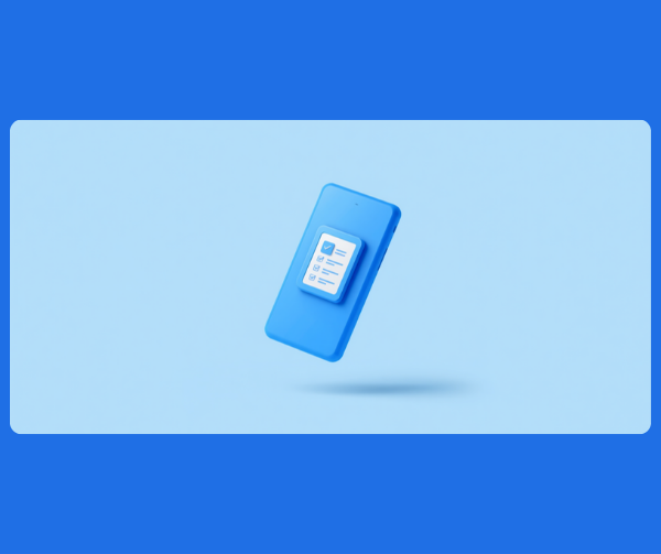 Ilustração 3D minimalista de um telemóvel a mostrar o portal de acompanhamento de um processo, sobre fundo azul da marca Nexxo.